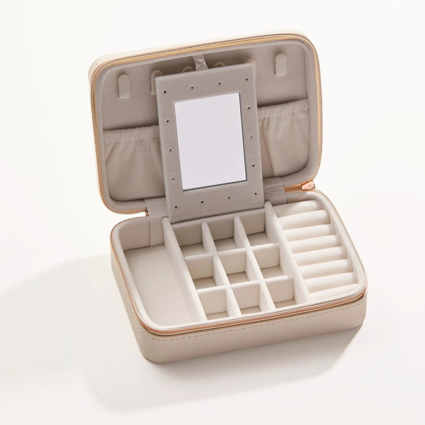 Symbols Jewelry Case by ALEX AND ANI, beige interior with ring slots and mirror on Tampa Home & Garden Store