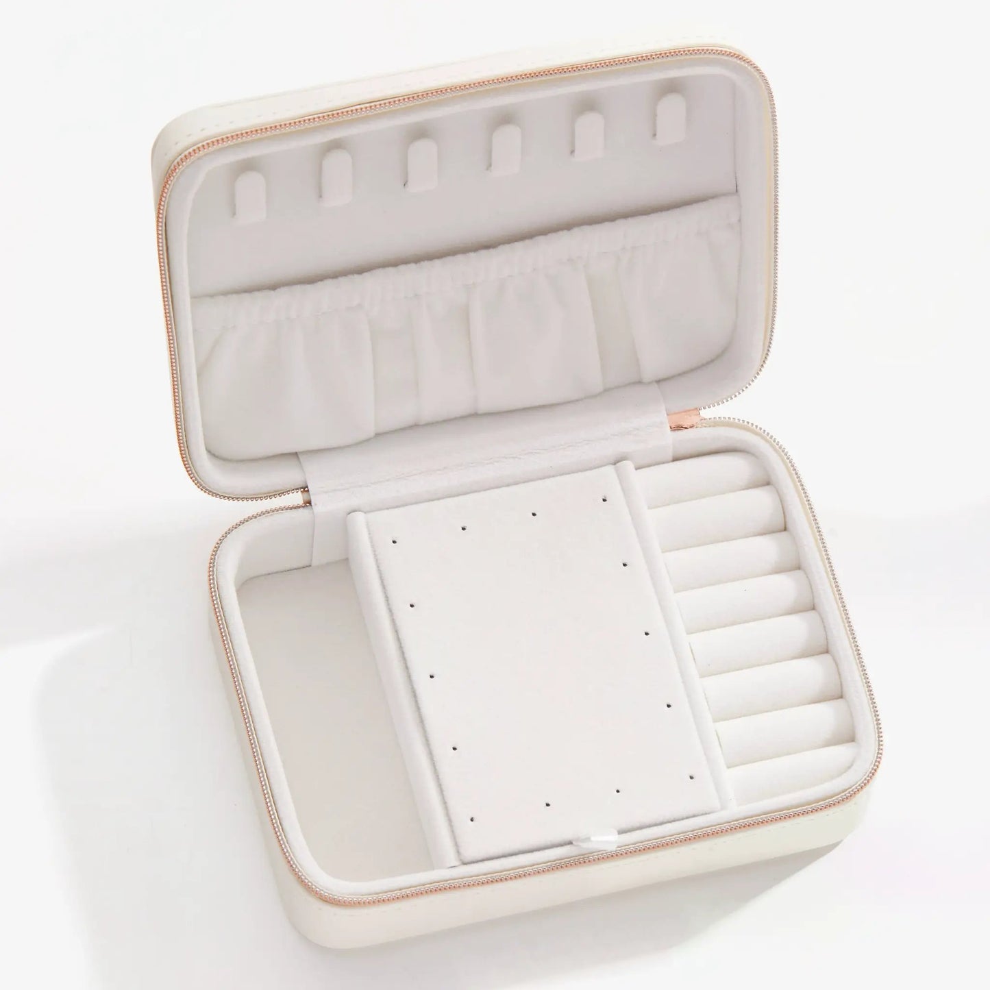 Symbols Jewelry Case ALEX AND ANI cream velvet interior with rose gold zipper on Tampa Home & Garden Store