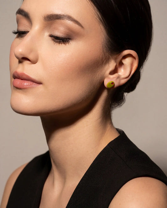 Pasta Girl stud earrings set of 2, yellow enamel with red dot on Tampa Home & Garden Store