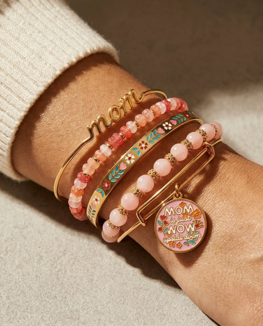 Mom Is Just Wow Upside Down Bangle Set of 5: gold-tone script bangle enamel floral bracelet on Tampa Home & Garden Store