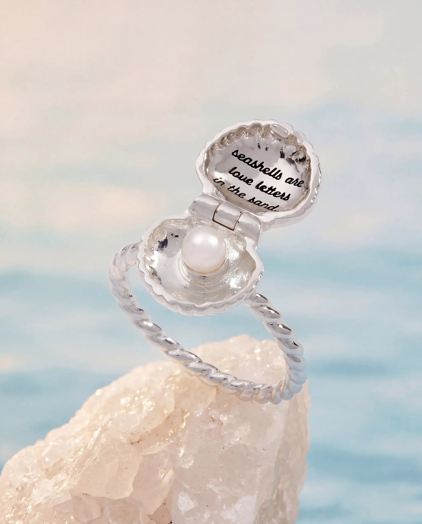 Salt + Sea seashells locket ring by ALEX AND ANI, silver tone with pearl accent on Tampa Home & Garden Store