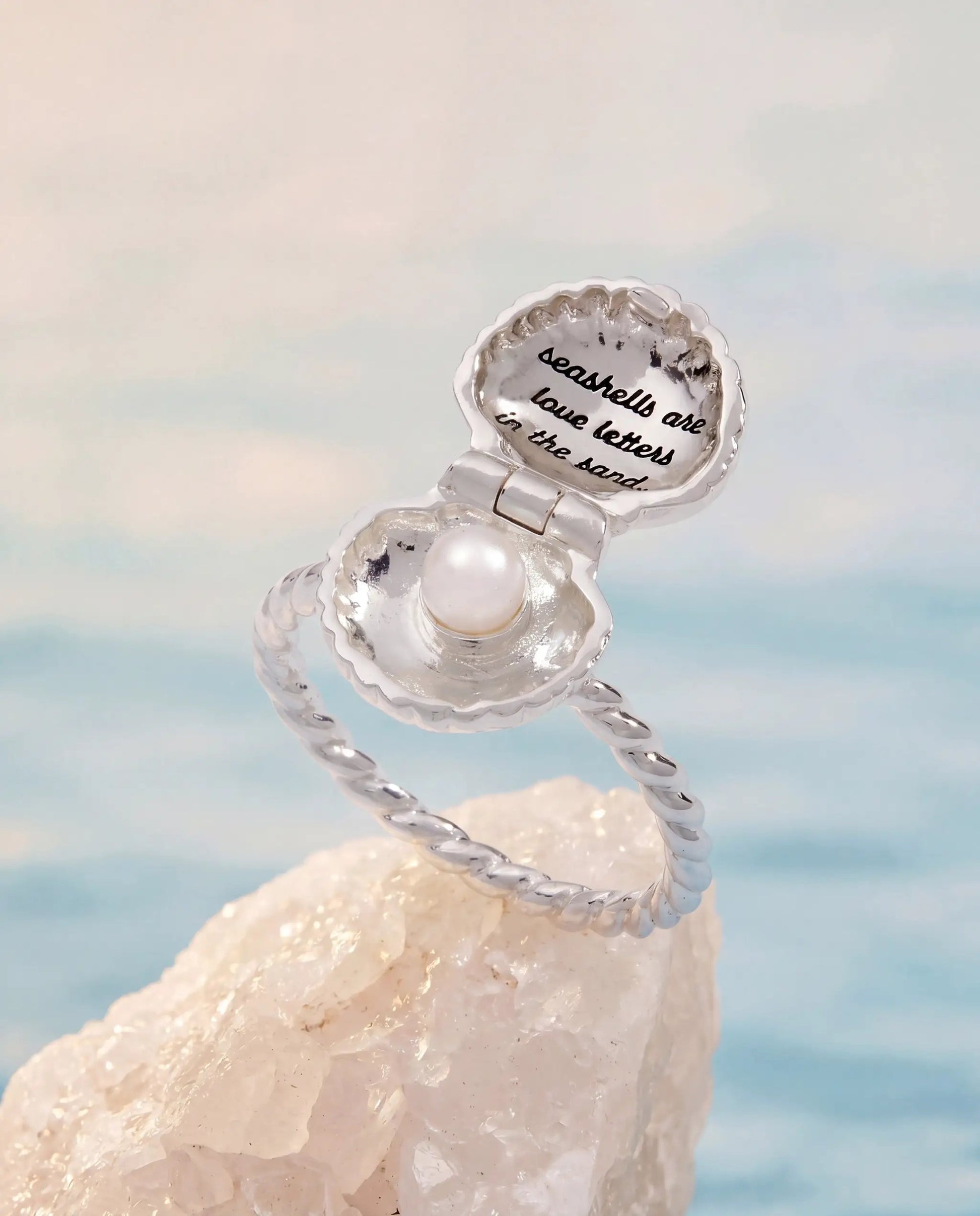 Salt + Sea seashells locket ring by ALEX AND ANI, silver tone with pearl accent on Tampa Home & Garden Store