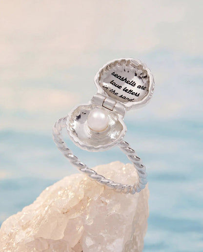 Salt + Sea seashells locket ring by ALEX AND ANI, silver tone with pearl accent on Tampa Home & Garden Store