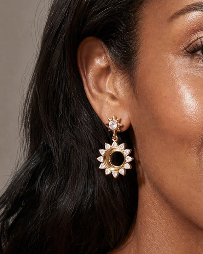 Crystal Celestial Drop Earrings by ALEX AND ANI, gold-tone sunburst with crystal halo on Tampa Home & Garden Store
