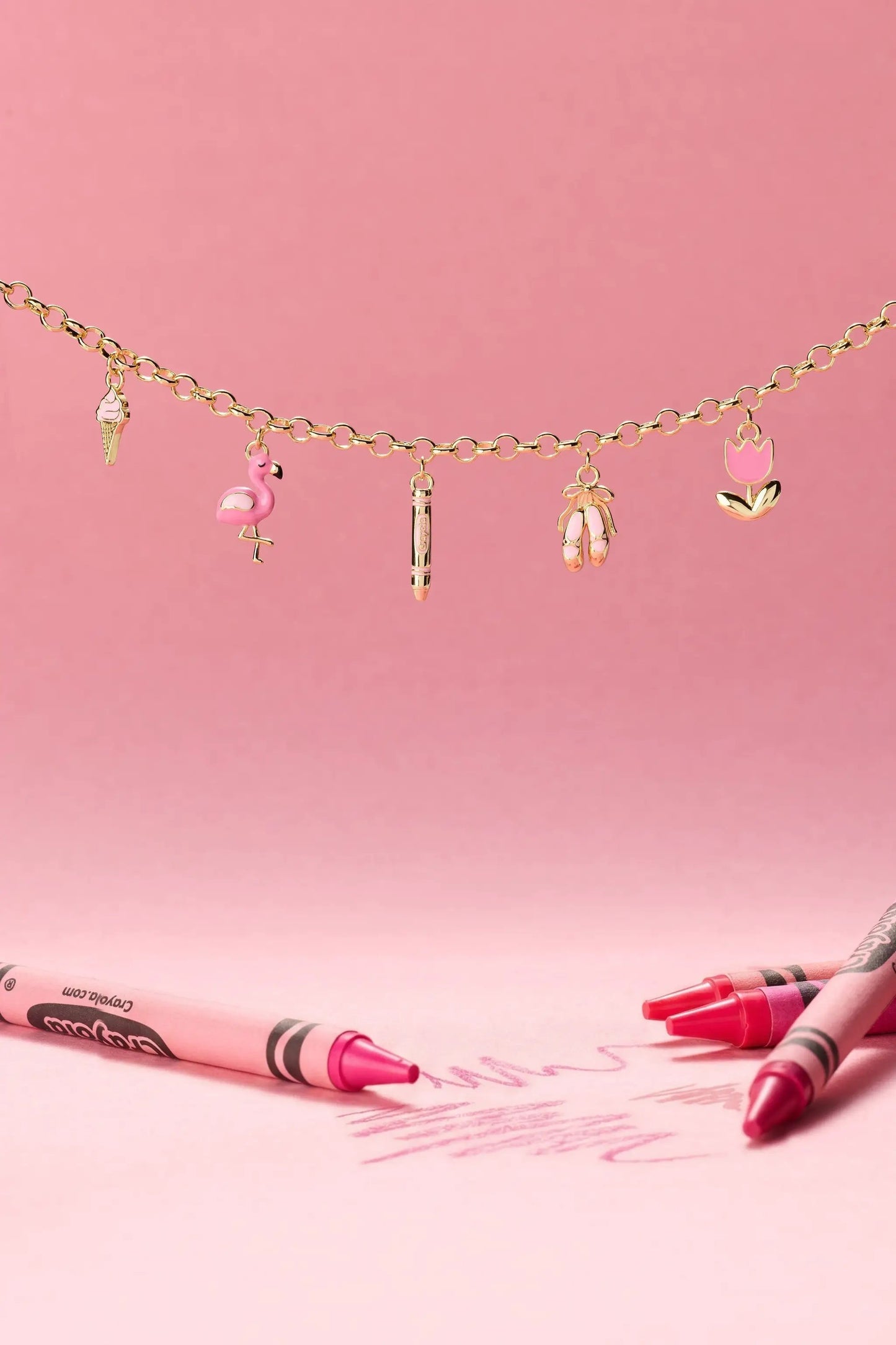 Bracelet gold-tone chain with Crayola Tickle Pink charms ice cream flamingo lipstick flower on Tampa Home & Garden Store