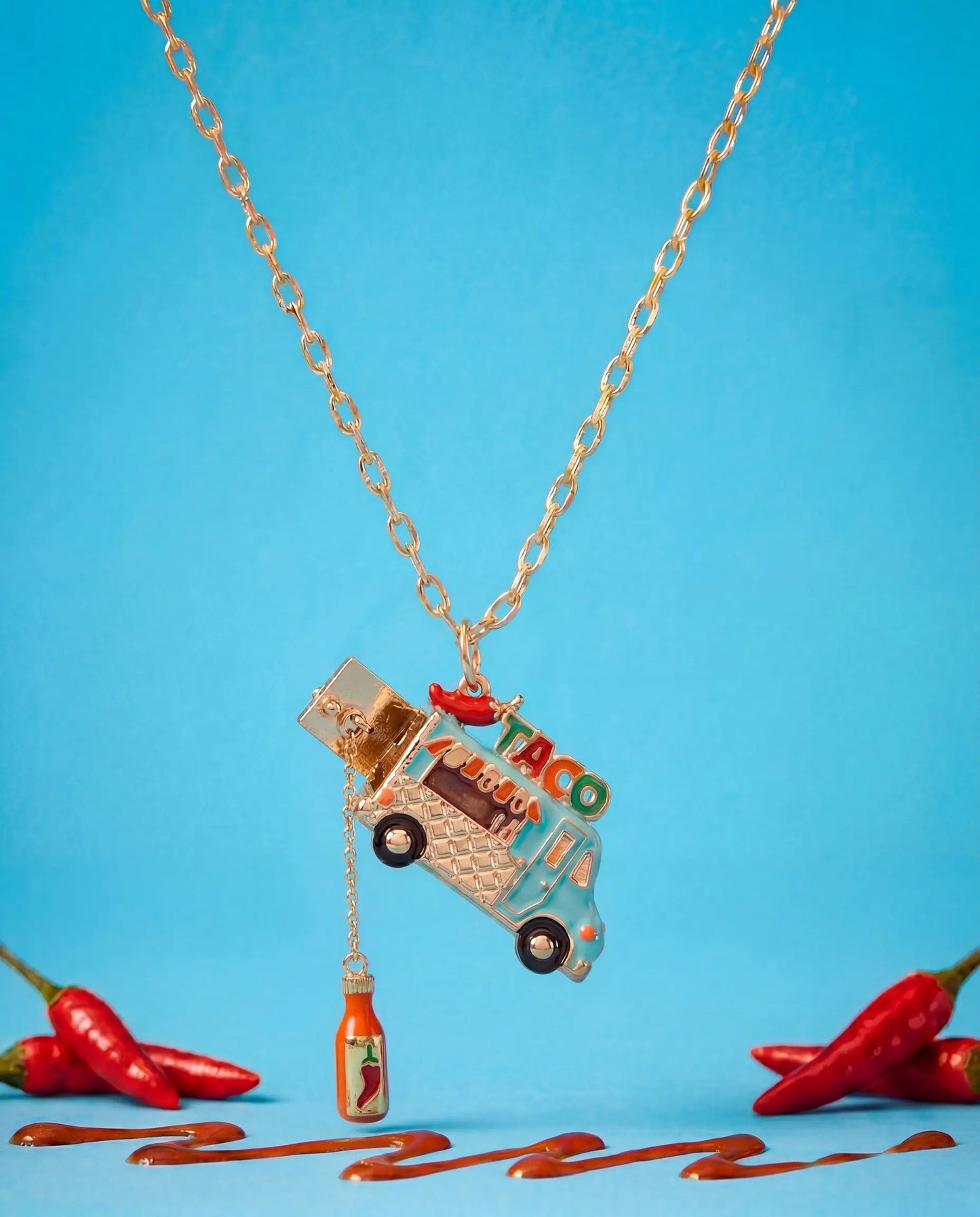 Taco Truck Locket Necklace gold-tone chain turquoise enamel taco truck pendant Alex and Ani on Tampa Home & Garden Store