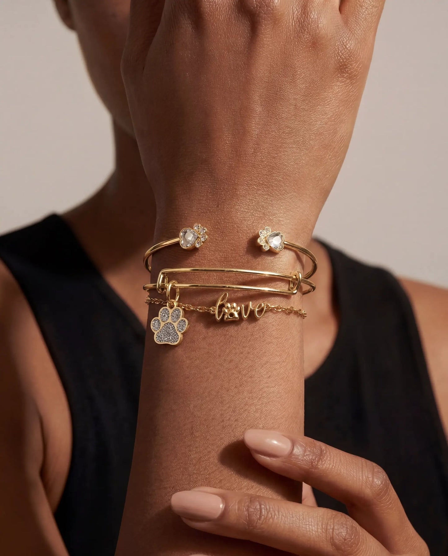 Bracelets set of 3 Paws of Love in gold-tone with paw and heart charms on Tampa Home & Garden Store