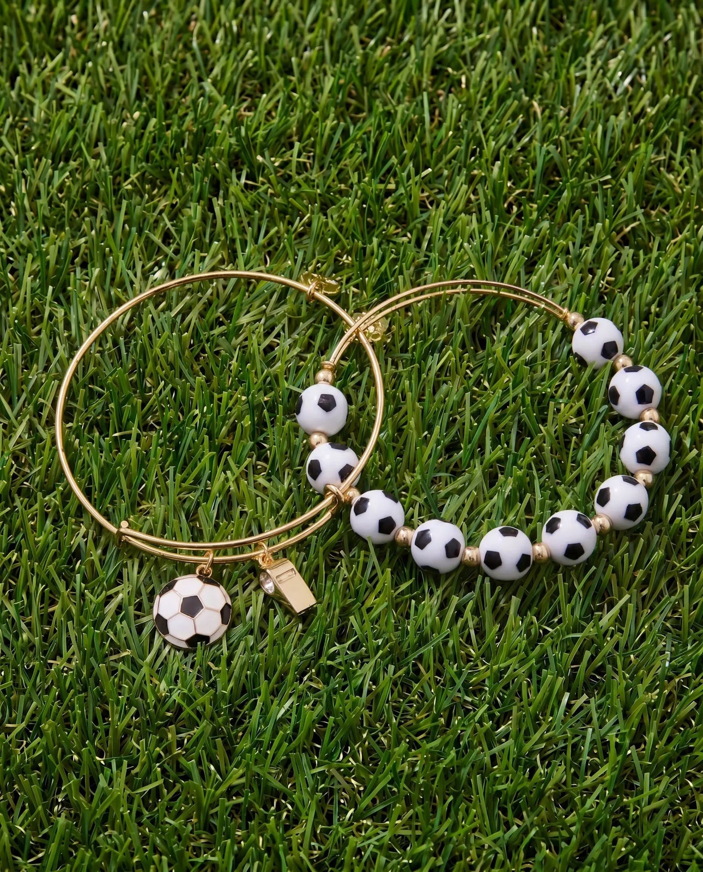 Soccer Beaded Bangle with Metal Accents and Charm