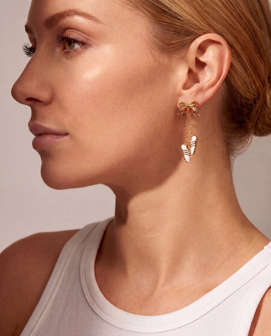 Soccer Cleats Earrings by ALEX AND ANI, gold-tone bow stud with dangling chain on Tampa Home & Garden Store