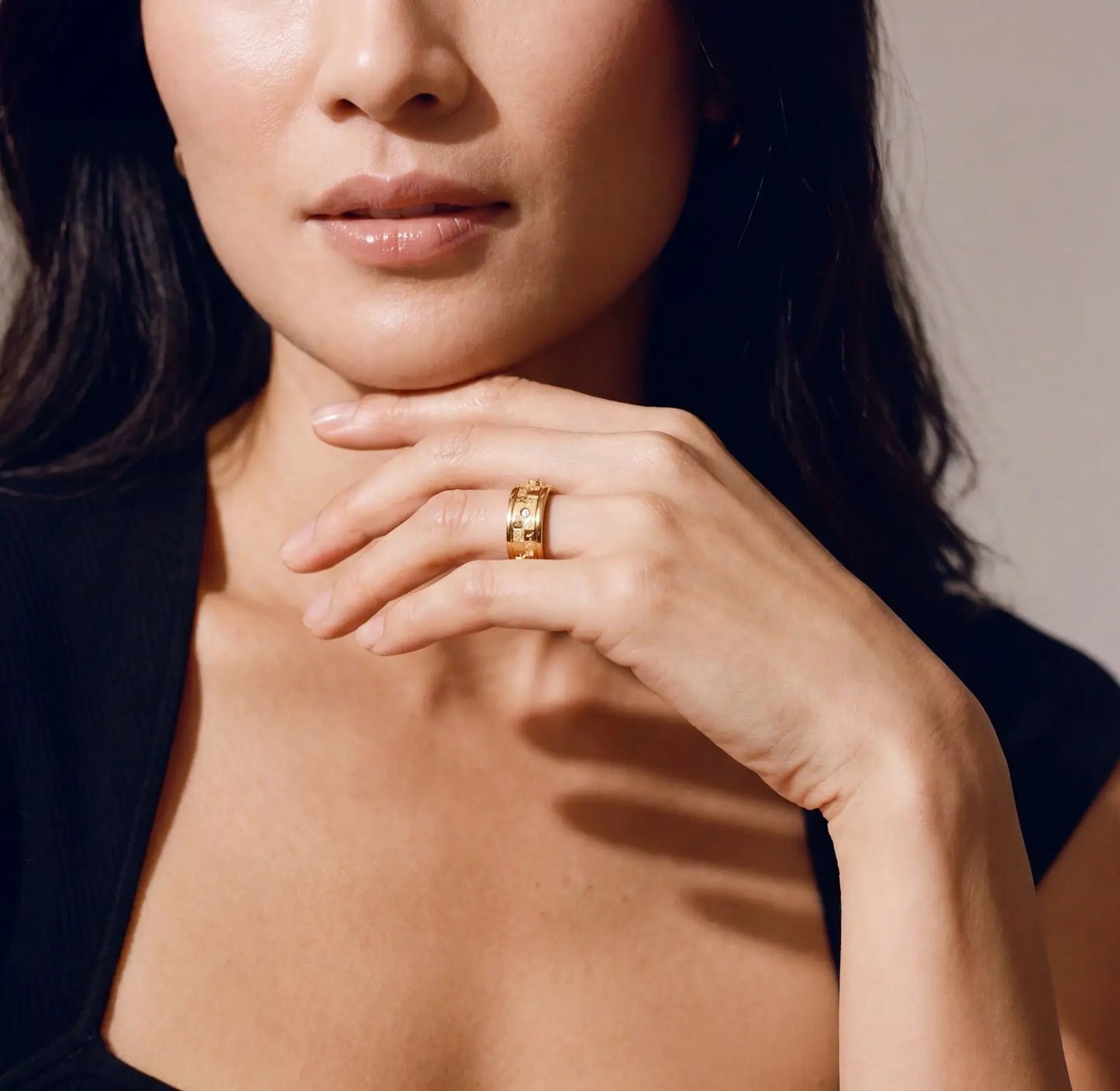 Chess Fidget Ring, gold-tone with textured bands and small stones, by ALEX AND ANI on Tampa Home & Garden Store