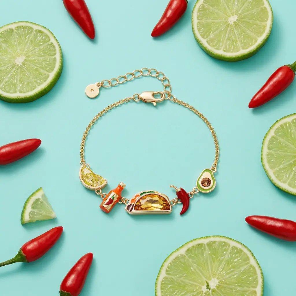 Alex and Ani Taco Inline Charm Bracelet with lime, avocado, hot sauce charms on gold chain on Tampa Home & Garden Store
