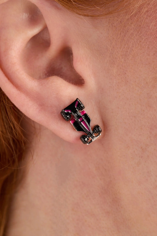 Hot Wheels Racecar stud earrings by Alex and Ani in black enamel with pink accents on Tampa Home & Garden Store