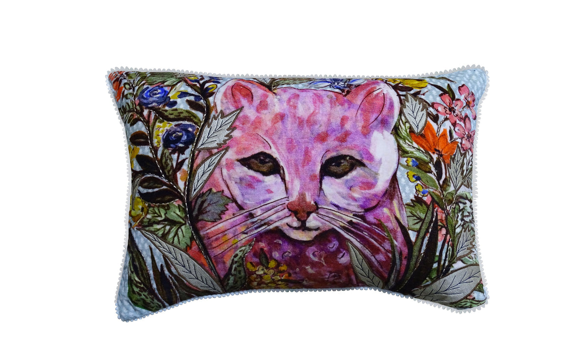 Hand Illustrated Cat Pillow by Vibhsa, pink feline face with colorful flowers, 14x20 on Tampa Home & Garden Store