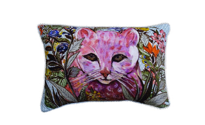 Hand Illustrated Cat Pillow by Vibhsa, pink feline face with colorful flowers, 14x20 on Tampa Home & Garden Store