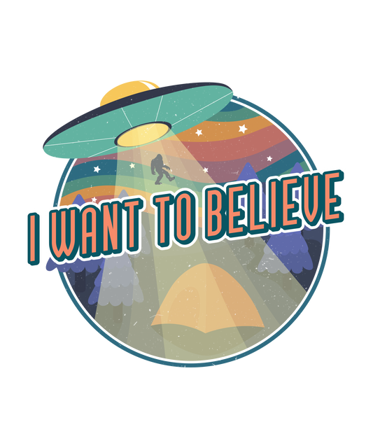 I Want to Believe men's bamboo printed T-shirt with retro space UFO graphic on Tampa Home & Garden Store