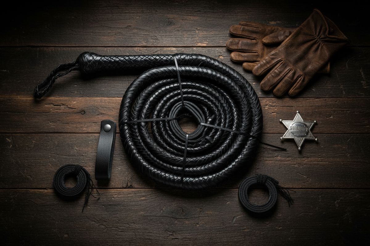 Stock whip: Black cowhide by Frontier Cowboy Gear, hand braided, coiled with gloves on Tampa Home & Garden Store