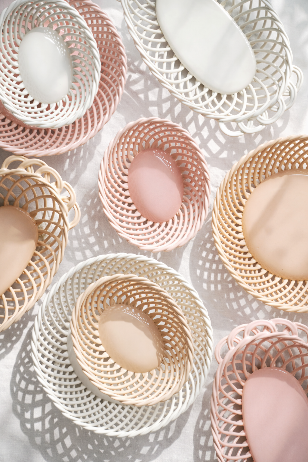 Hand Woven Ceramic Basket in Beige and Pink