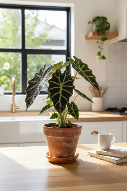 Alocasia Polly African Mask indoor plant in terracotta pot with dark veined leaves on Tampa Home & Garden Store