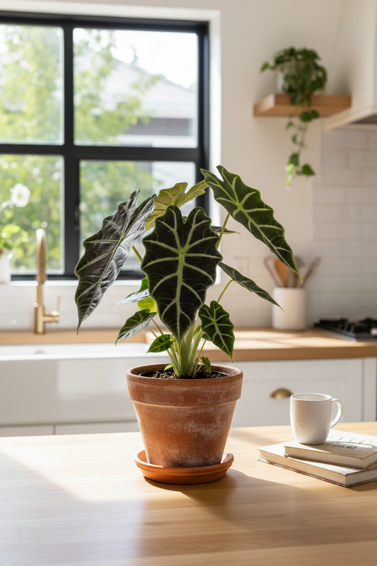Alocasia Polly African Mask indoor plant in terracotta pot with dark veined leaves on Tampa Home & Garden Store
