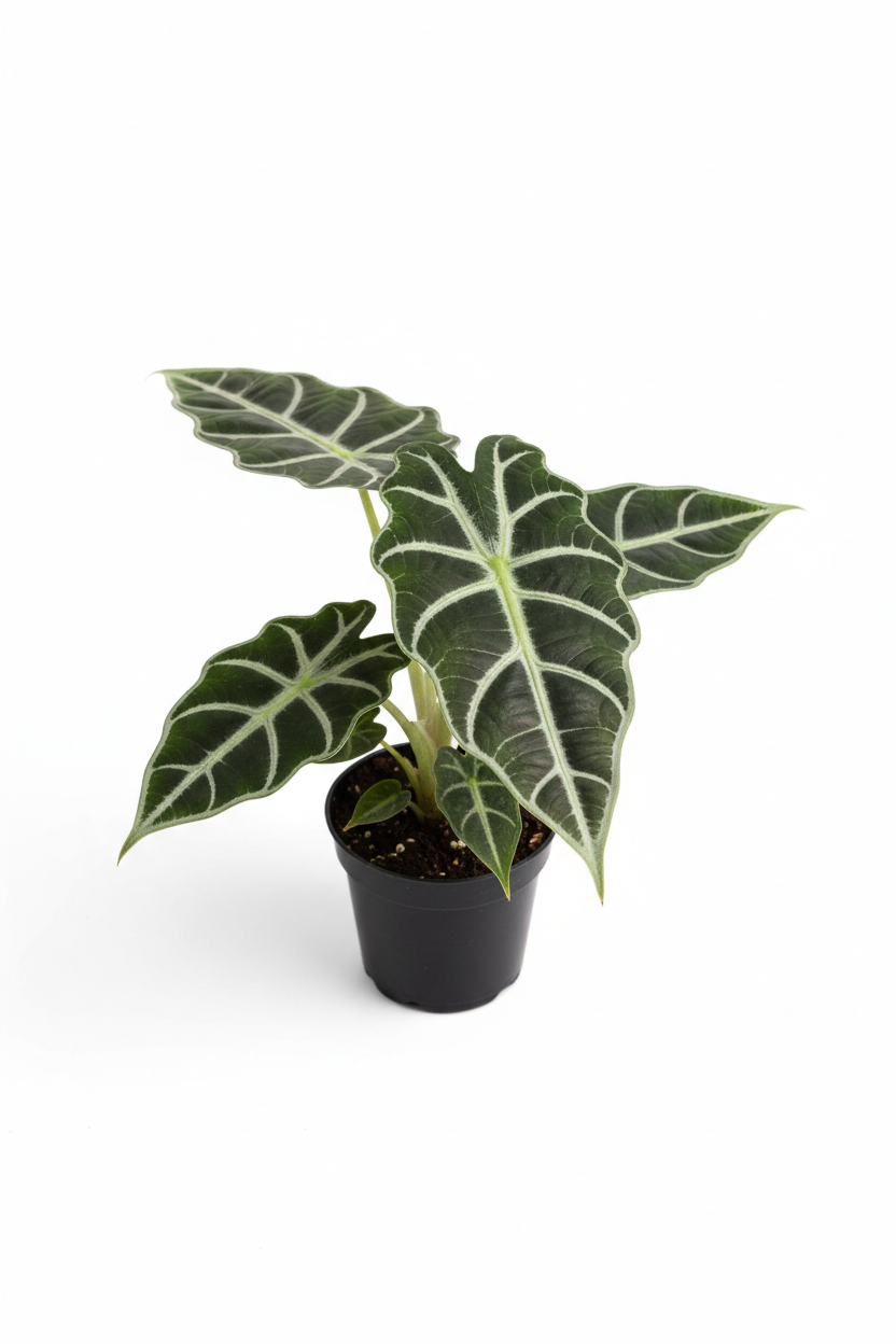 Alocasia Polly African Mask indoor plant in black pot with white-veined dark green leaves on Tampa Home & Garden Store