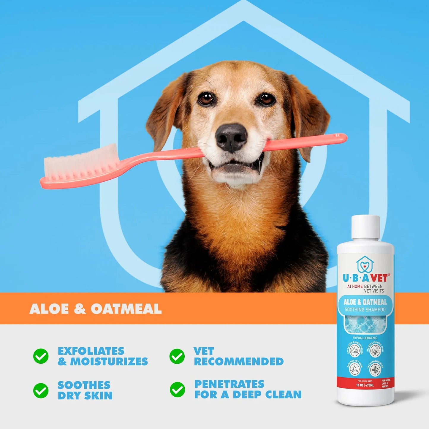 UBAVET Aloe & Oatmeal conditioner bottle beside dog with pink toothbrush on blue backdrop on Tampa Home & Garden Store