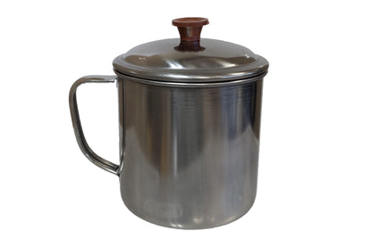 Stainless steel camp cup with lid, brown knob, and side handle on Tampa Home & Garden Store