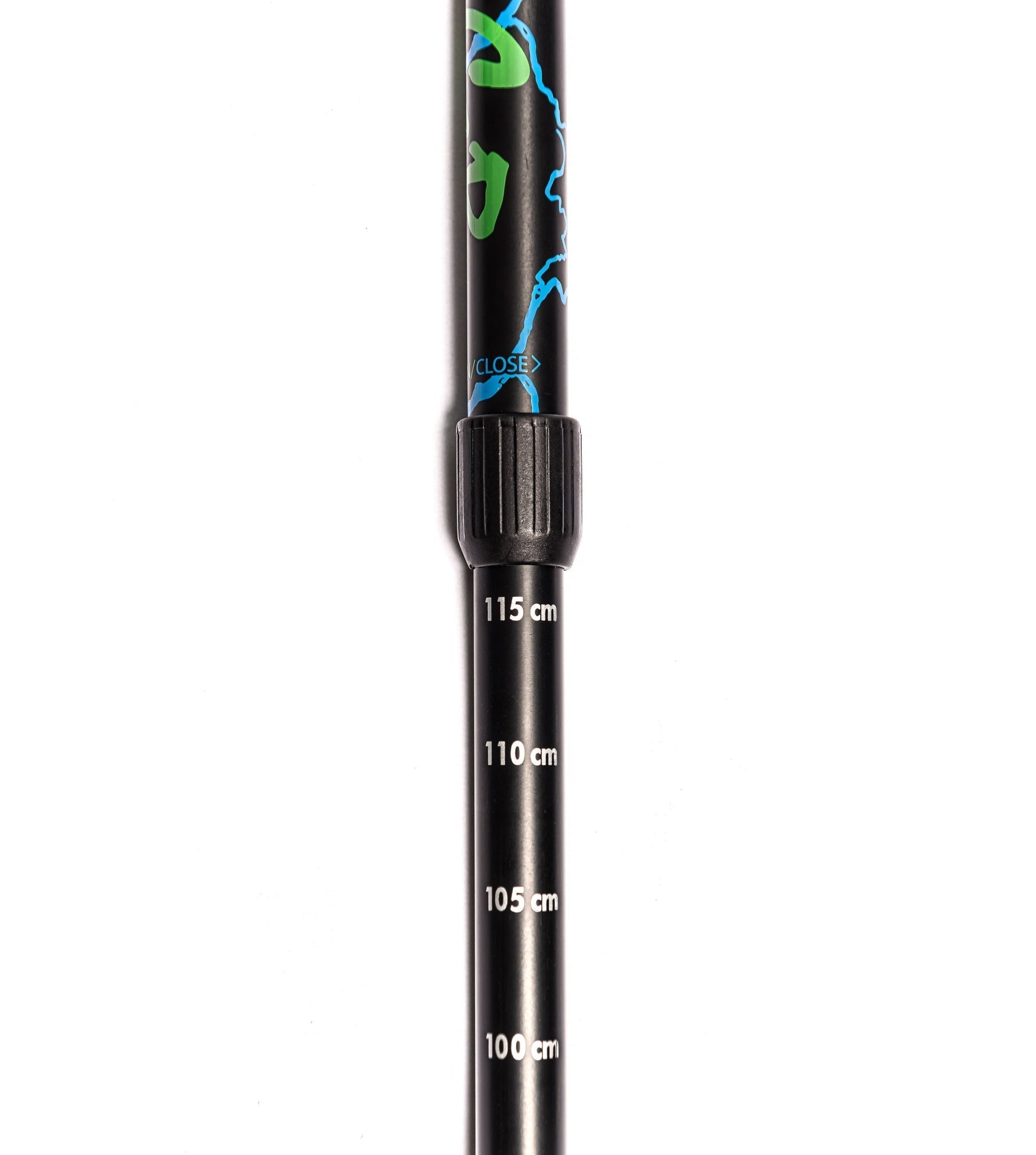 Aluminum trekking pole by River Country Gear with black shaft and blue-green graphics, 115 cm on Tampa Home & Garden Store