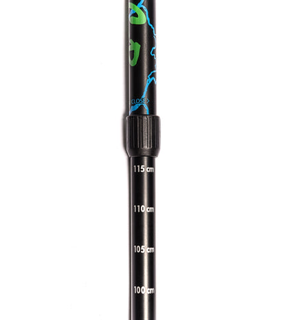 Aluminum trekking pole by River Country Gear with black shaft and blue-green graphics, 115 cm on Tampa Home & Garden Store