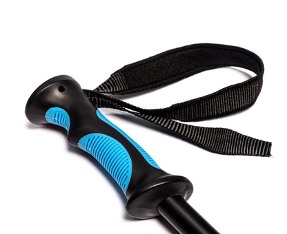 Aluminum trekking pole with blue ergonomic grip and black woven strap on Tampa Home & Garden Store