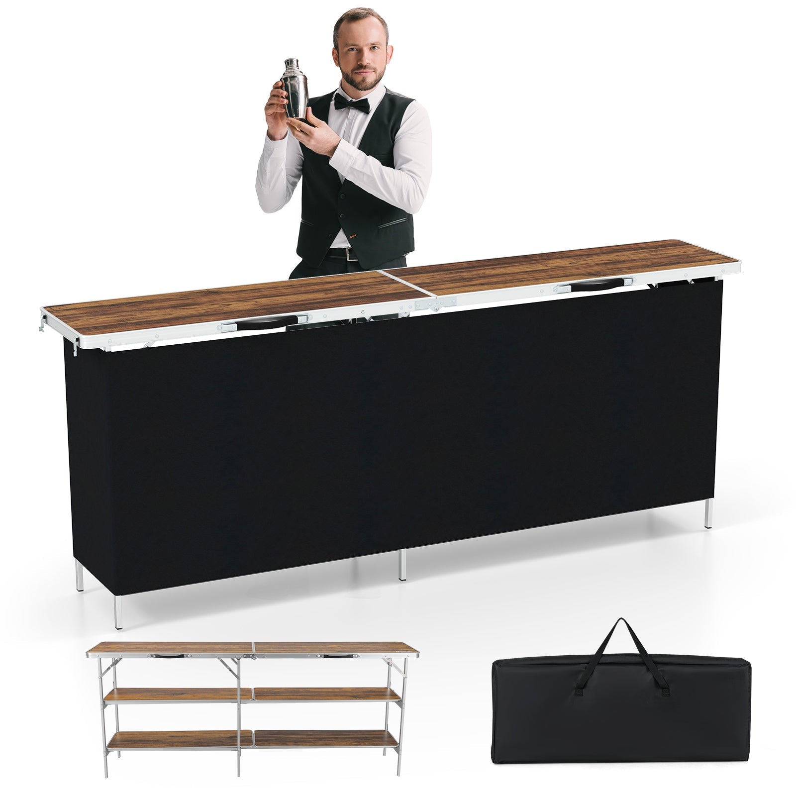 Aluminum portable picnic table GemGear with woodgrain top and two-tier open shelves on Tampa Home & Garden Store