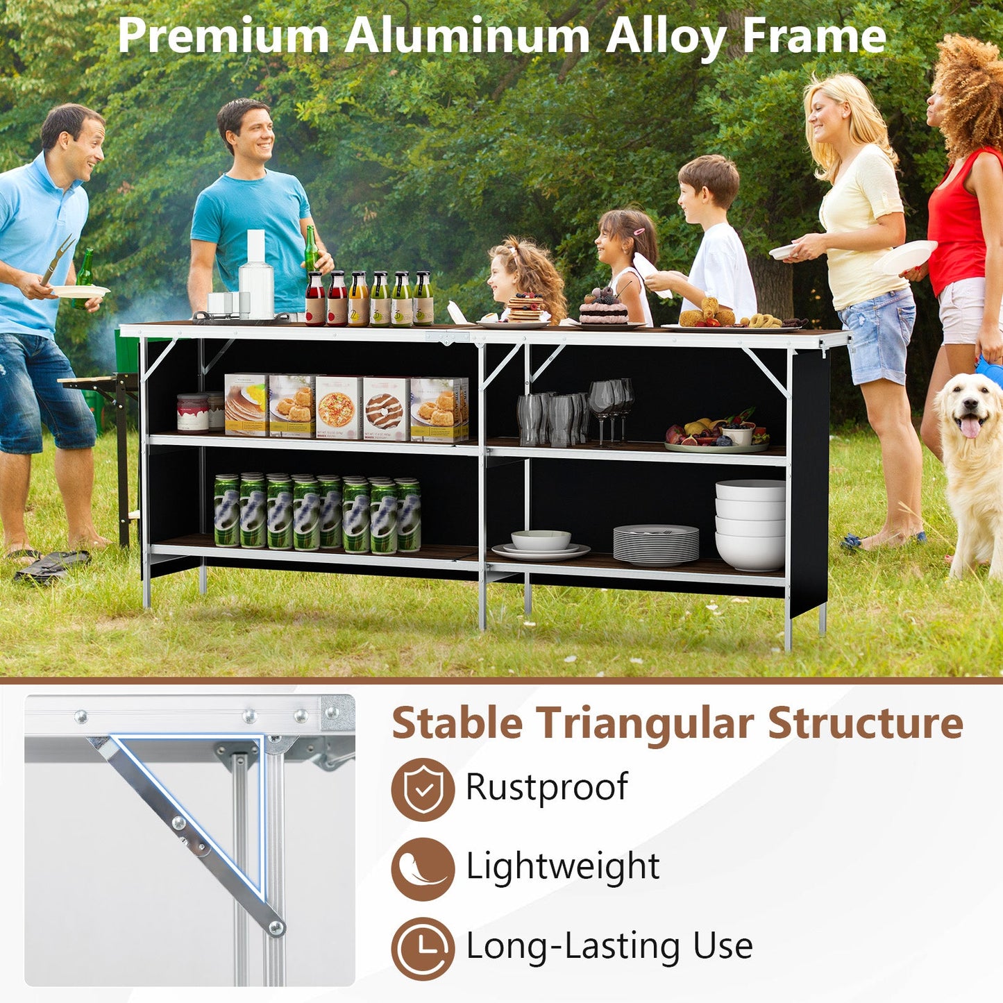 GemGear aluminum portable picnic table with 2-tier open shelves and spacious tabletop outdoors on Tampa Home & Garden Store