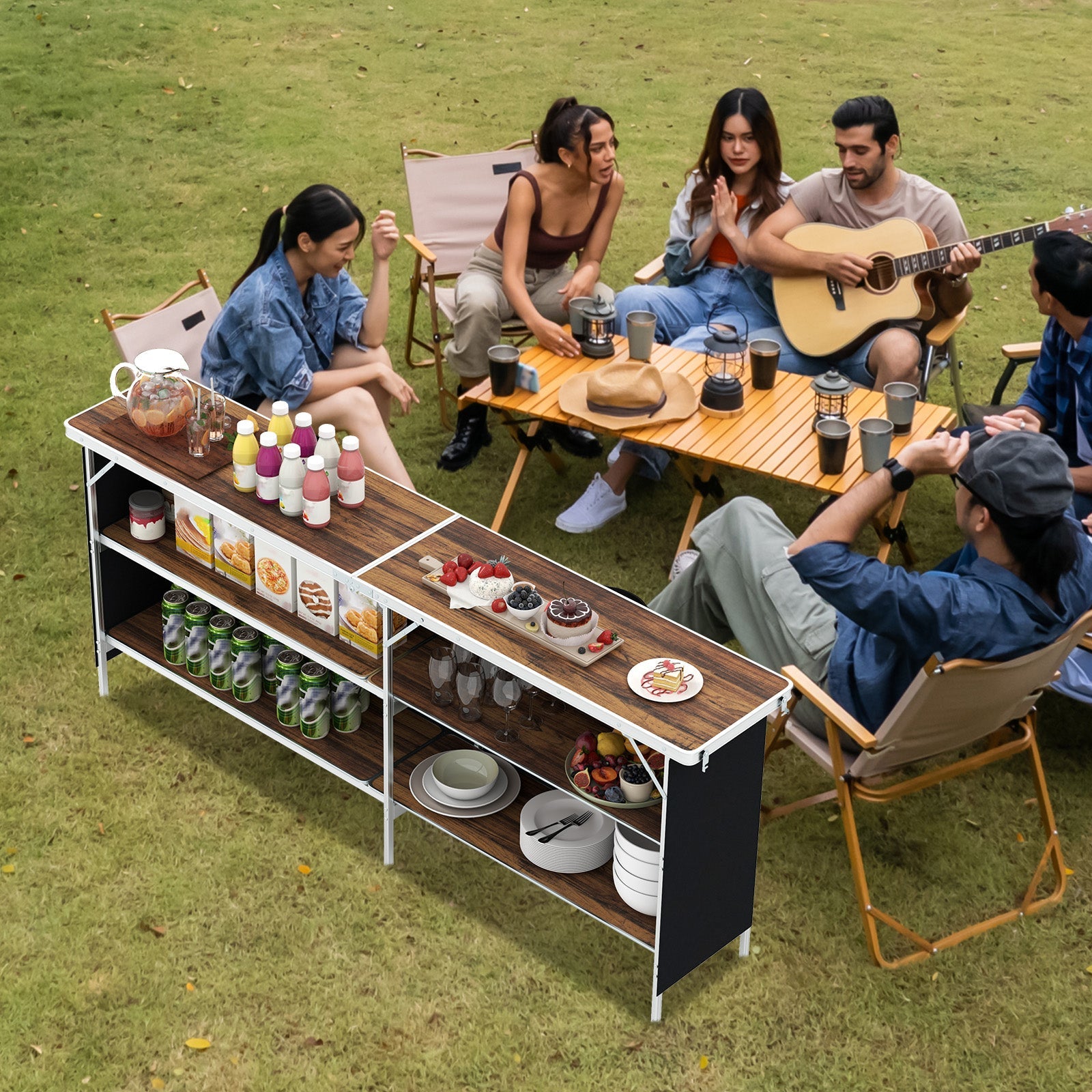 GemGear aluminum portable picnic table with 2-tier shelves and wooden top for outdoor gatherings on Tampa Home & Garden Store