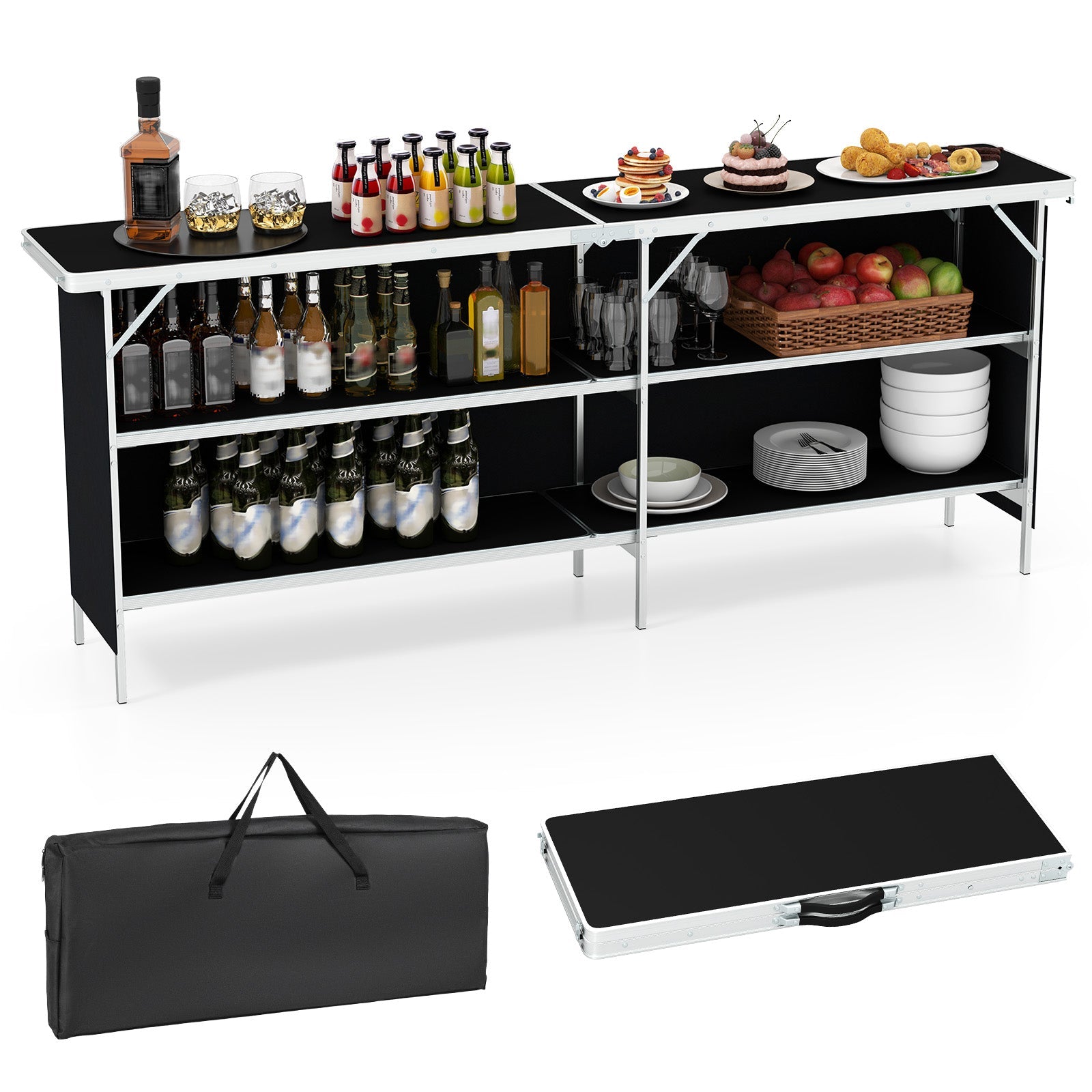 Aluminum picnic table with 2-tier shelves and black tabletop by GemGear, bar setup with bottles on Tampa Home & Garden Store