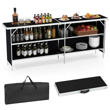 Aluminum picnic table with 2-tier shelves and black tabletop by GemGear, bar setup with bottles on Tampa Home & Garden Store