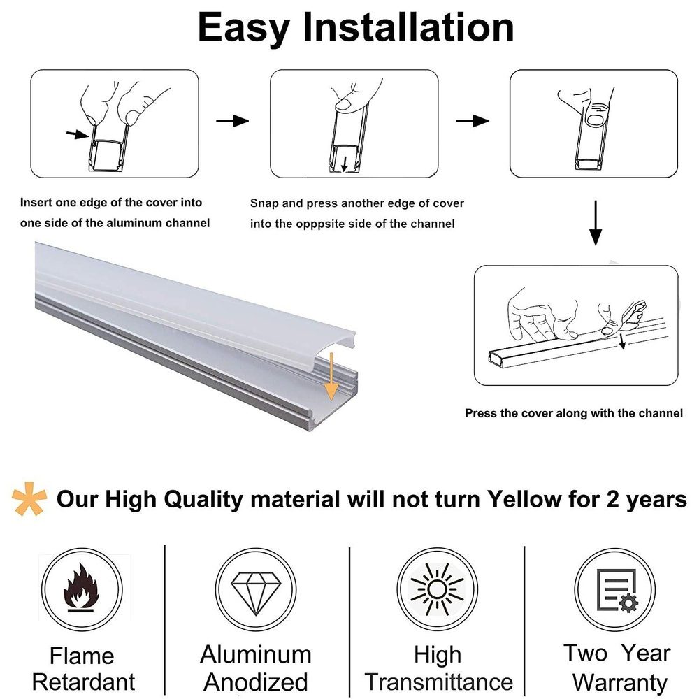 AP44M Canal rectangulaire en aluminium de 8 pieds, paquet de 10 embouts pour bande lumineuse LED