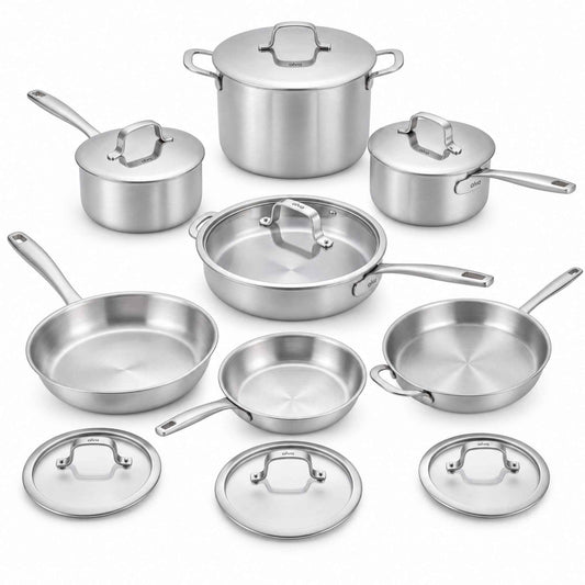 5-Ply Stainless Cookware Set, 14-Piece with lids by Alva Cookware in stainless steel on Tampa Home & Garden Store