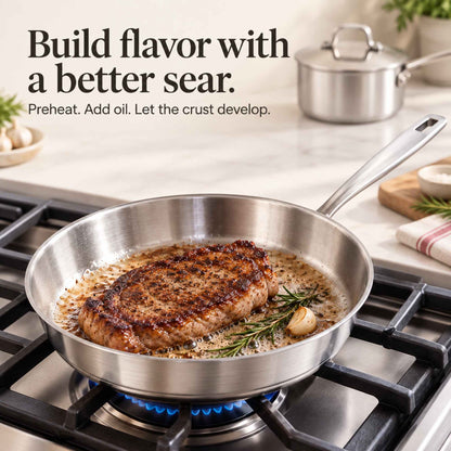 5-Ply Stainless Cookware Set, 7-Piece by Alva on stove with meat and rosemary on Tampa Home & Garden Store