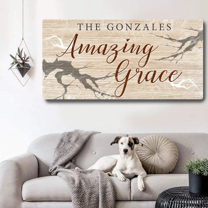 Amazing Grace sign canvas with wood and brown cursive lettering in a cozy living room on Tampa Home & Garden Store