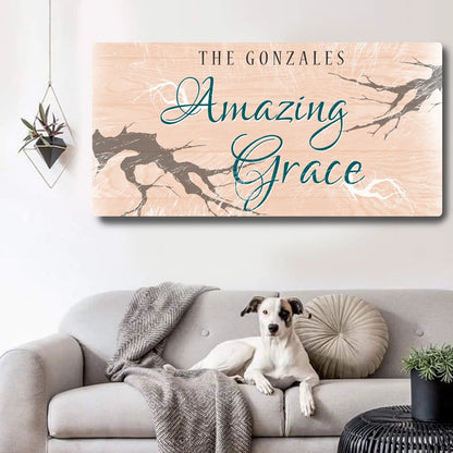 Amazing Grace canvas sign by Tailored Canvases with peach background and teal script on Tampa Home & Garden Store