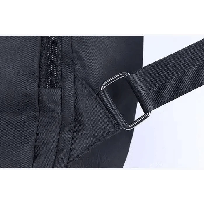 Amaznig anti-theft backpack in black waterproof fabric with a metal buckle strap close-up on Tampa Home & Garden Store