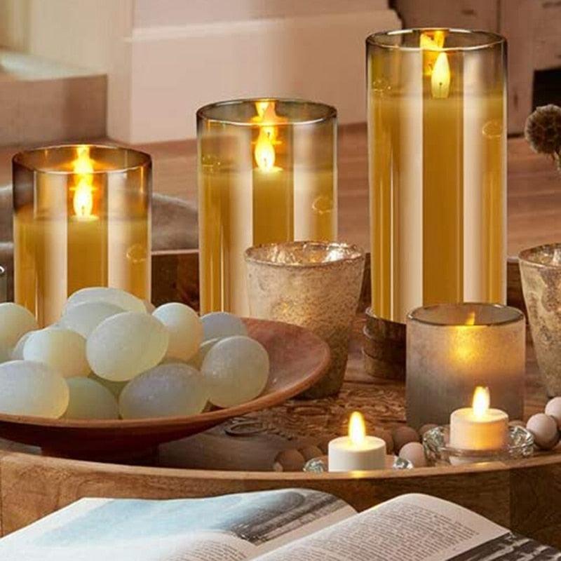 4-piece Amber Glass LED Flameless Candles set with moving wick remote on Tampa Home & Garden Store