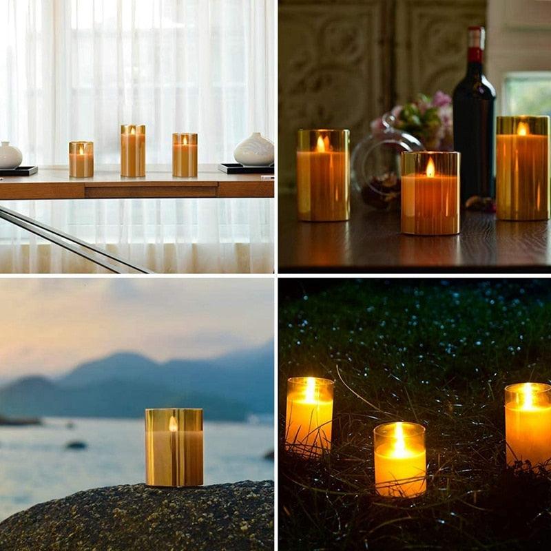 Stevvex amber glass LED flameless pillar candles 4-pack with remote, flickering wick on Tampa Home & Garden Store