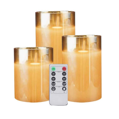 Amber glass LED flameless candle set of 3 with remote by Stevvex, flickering moving wick on Tampa Home & Garden Store