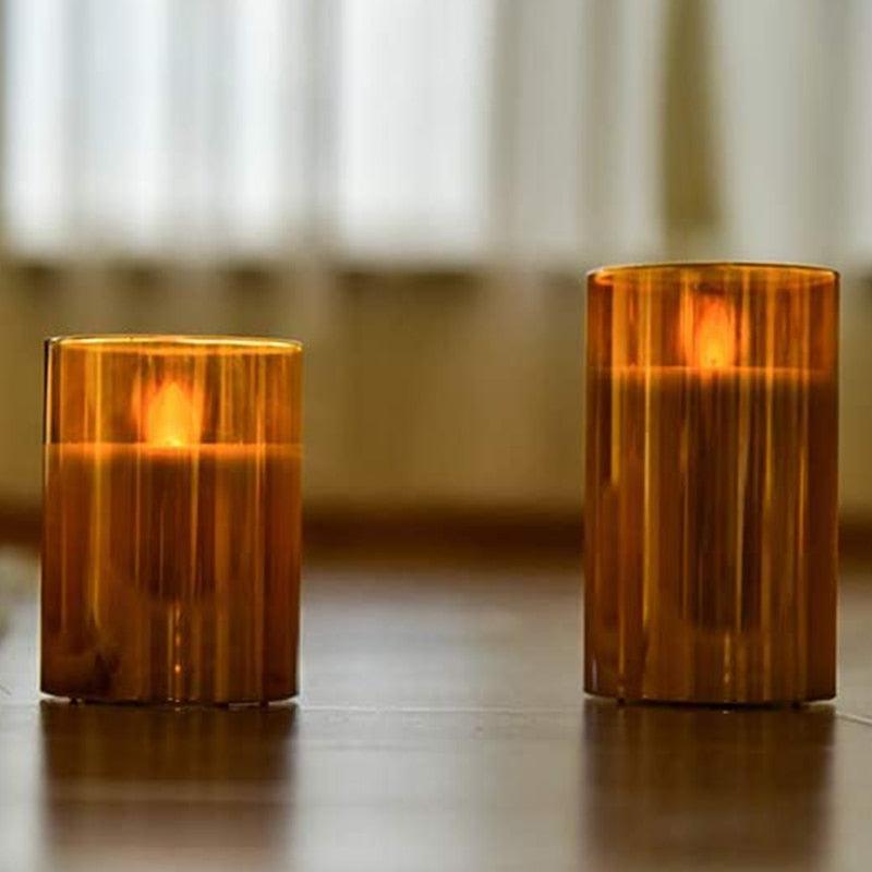 Amber Glass LED Flameless Pillar Candles by Stevvex, two warm flickering glass candles on Tampa Home & Garden Store