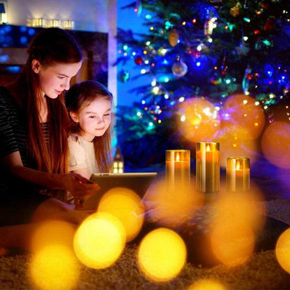 Amber glass LED flameless pillar candle set of three with flickering moving wick remote on Tampa Home & Garden Store
