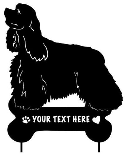 Cocker Spaniel garden stake silhouette, black metal with a customizable plaque and paw prints on Tampa Home & Garden Store