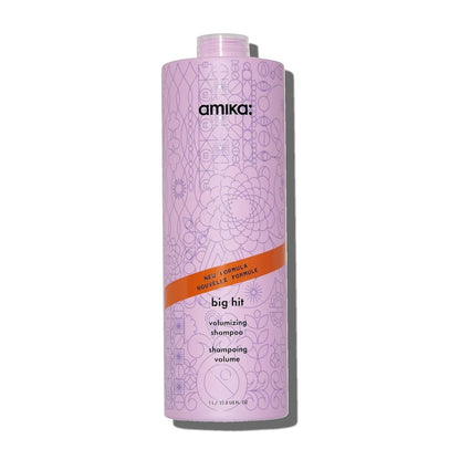 amika Big Hit volumizing shampoo bottle in lavender with pattern and orange label, 1 L on Tampa Home & Garden Store