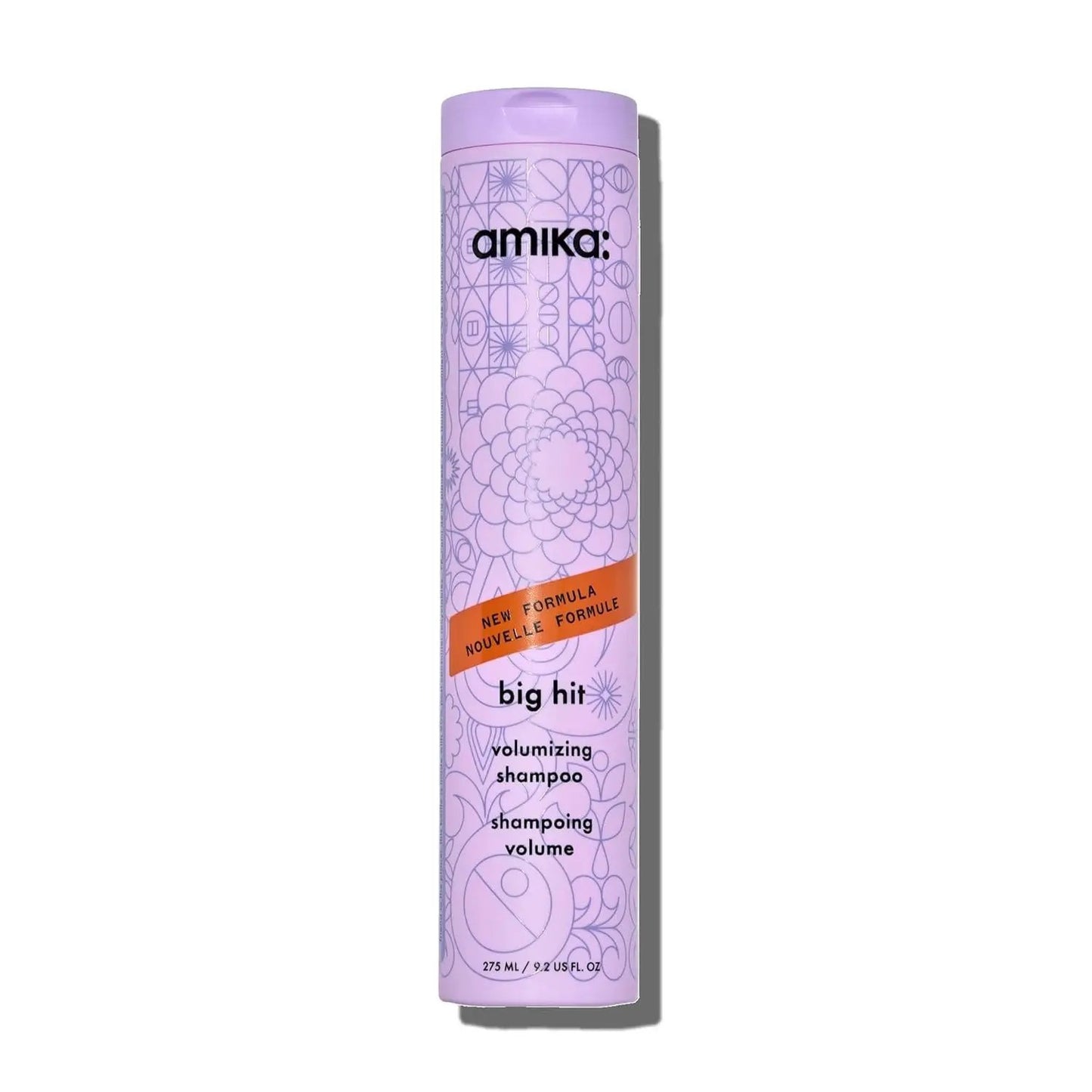 Amika Big Hit Volumizing Shampoo bottle lavender purple with geometric pattern on Tampa Home & Garden Store