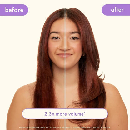 Hair shampoo Amika Big Hit Volumizing; Nava Beauty side-by-side shows 2.3x volume with red hair on Tampa Home & Garden Store