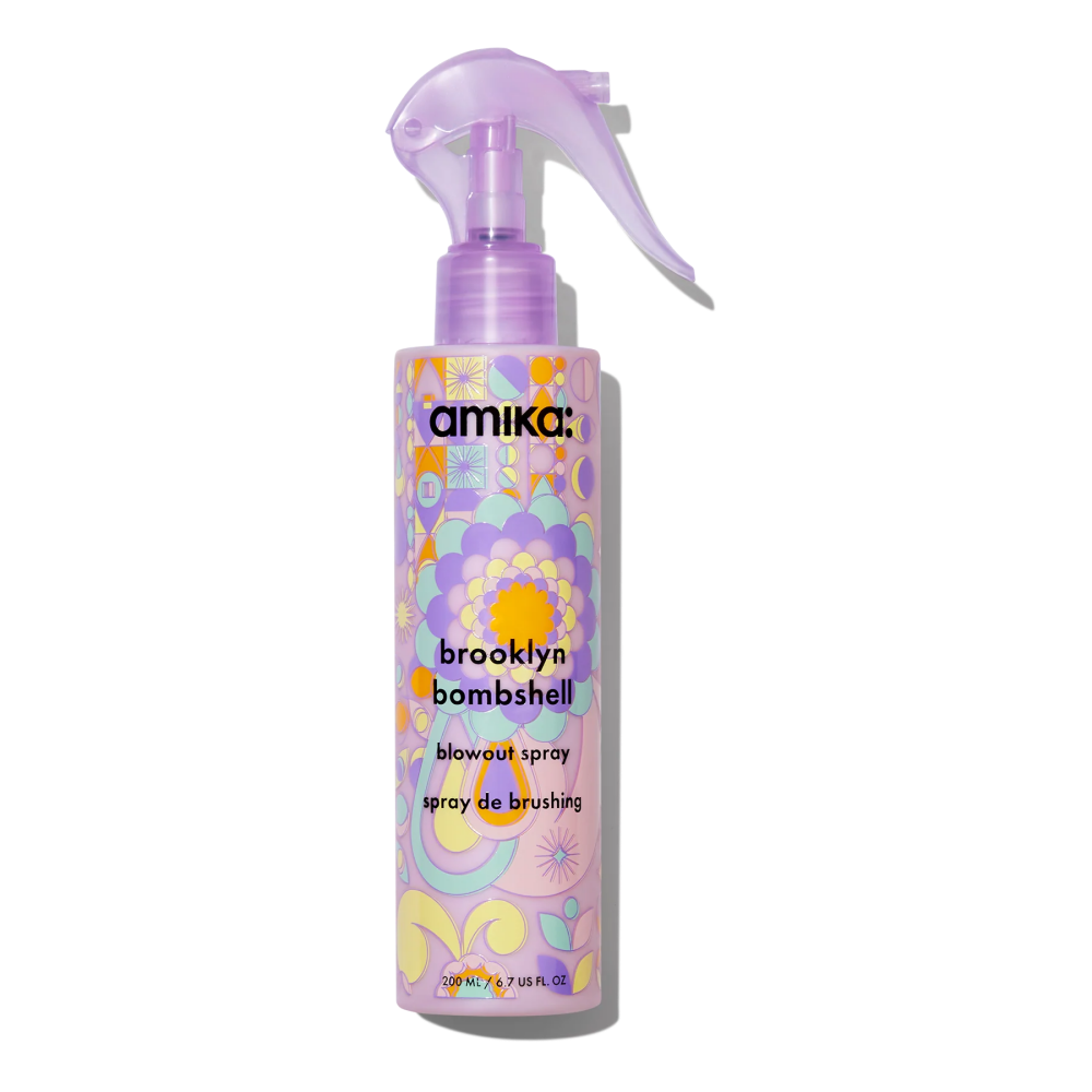 amika Brooklyn Bombshell blowout spray bottle in packaging with purple nozzle 6.7 oz on Tampa Home & Garden Store